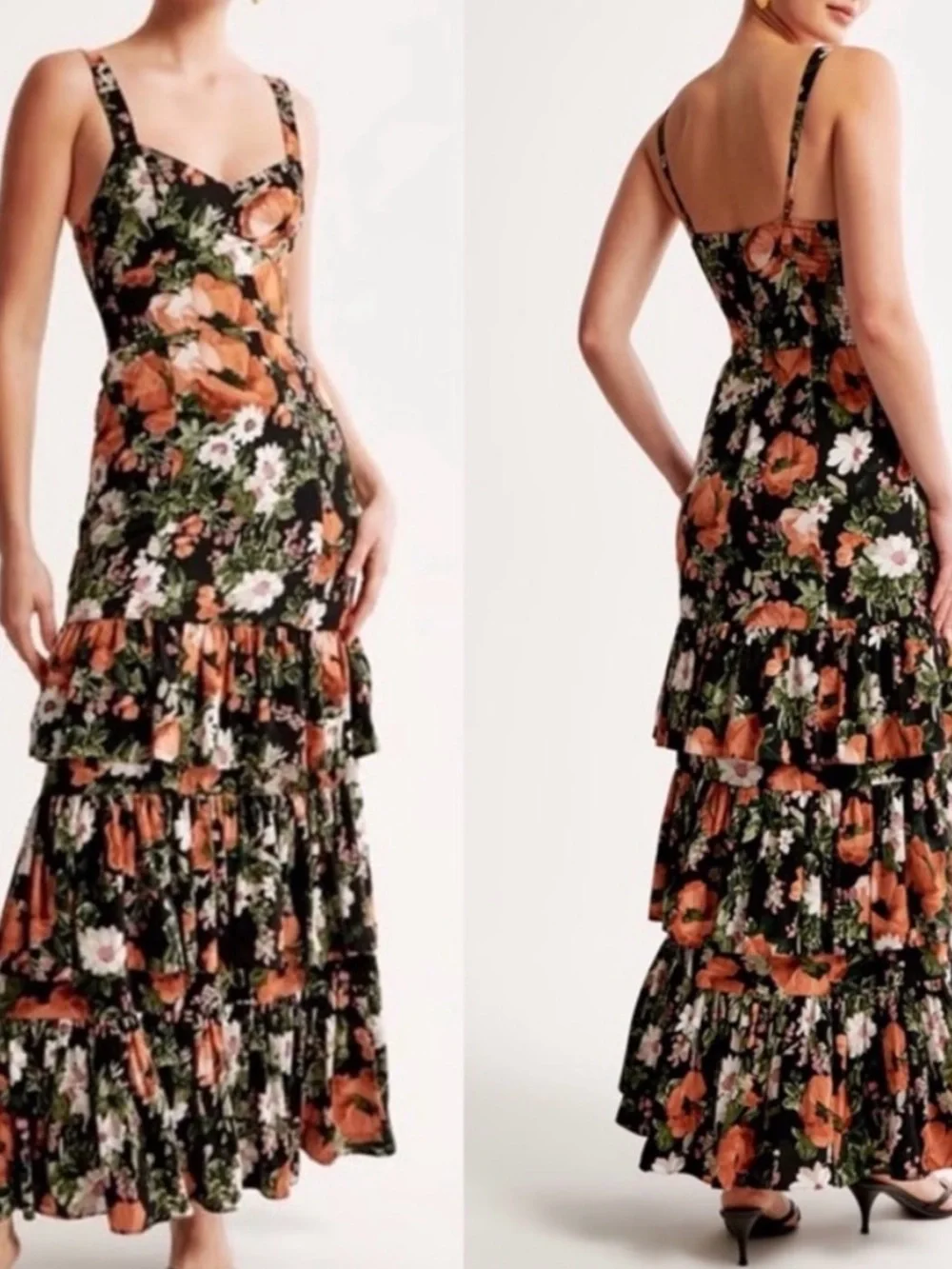 Abercrombie & Fitch Black Floral Tiered Maxi Dress with Orange Blooms